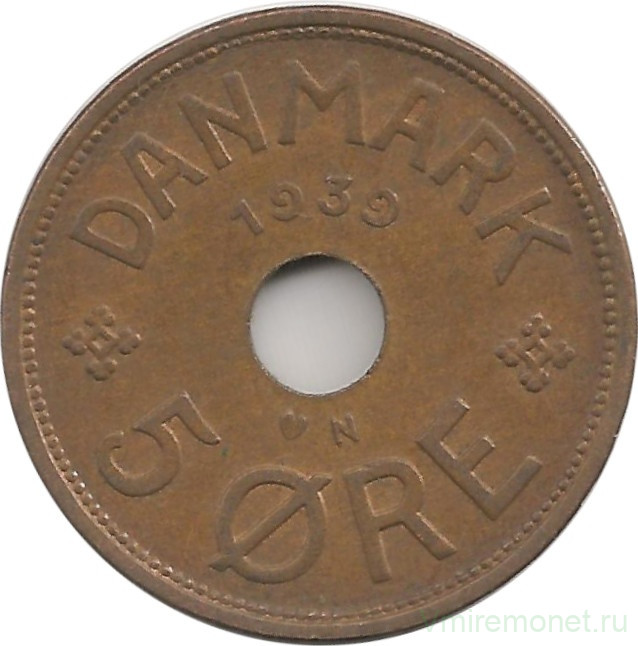 Монета. Дания. 5 эре 1939 год.