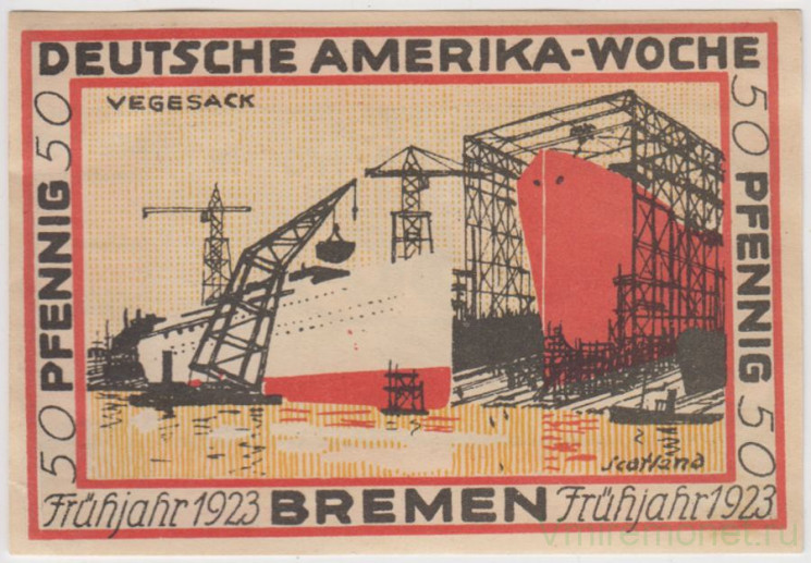 Бона. Нотгельд. Германия. Город Бремен. 50 пфеннигов 1923 год. Серия А. Вариант 166.1.2.1.