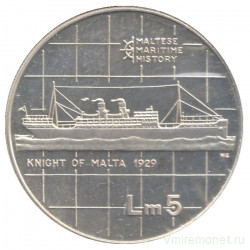 Монета. Мальта. 5 лир 1986 год. Морская история - "Мальтийский рыцарь", 1929.