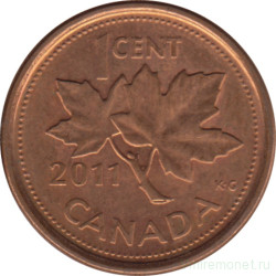 Монета. Канада. 1 цент 2011 год. Цинк покрытый медью. Реверс - кленовый лист.