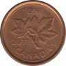 Монета. Канада. 1 цент 2011 год. Цинк покрытый медью. Реверс - кленовый лист. ав.