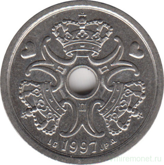 Монета. Дания. 1 крона 1997 год.