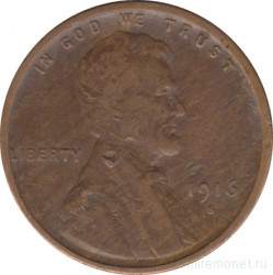 Монета. США. 1 цент 1916 год. Монетный двор S.