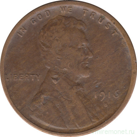 Монета. США. 1 цент 1916 год. Монетный двор S.