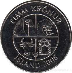 Монета. Исландия. 5 крон 2008 год.