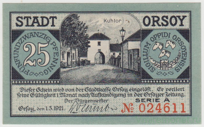 Бона. Нотгельд. Германия. Город Орсой. 25 пфеннигов 1921 год. 1026.1.а.2.