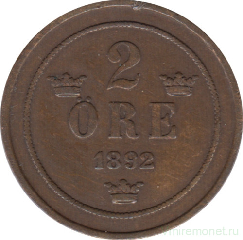 Монета. Швеция. 2 эре 1892 год.