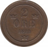  Монета. Швеция. 2 эре 1892 год. ав.