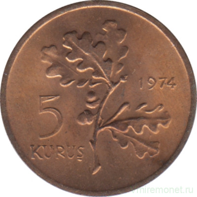 Монета. Турция. 5 курушей 1974 год.