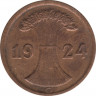 Монета. Германия. Веймарская республика. 2 рентенпфеннига 1924 год. Монетный двор - Карлсруэ (G). ав.