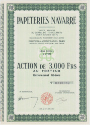 Акция. Франция. Париж. Акционерное общество "PAPETERIES NAVARRE". Акция на предъявителя в 3000 франков 1951 год.