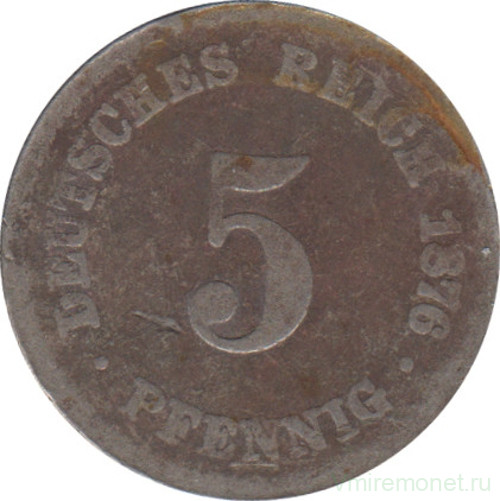 Монета. Германия (Германская империя 1871-1922). 5 пфеннигов 1876 год. (C).
