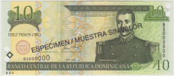 Банкнота. Доминиканская республика. 10 песо 2001 год. Образец. Тип 168a.