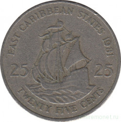 Монета. Восточные Карибские государства. 25 центов 1981 год.