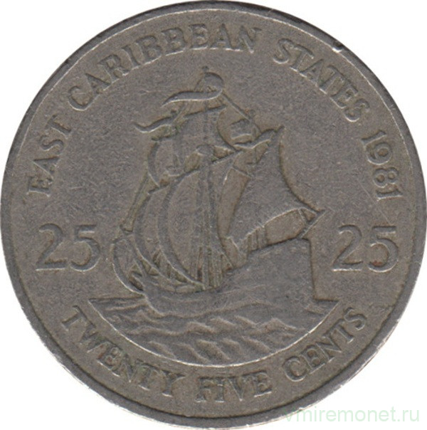Монета. Восточные Карибские государства. 25 центов 1981 год.