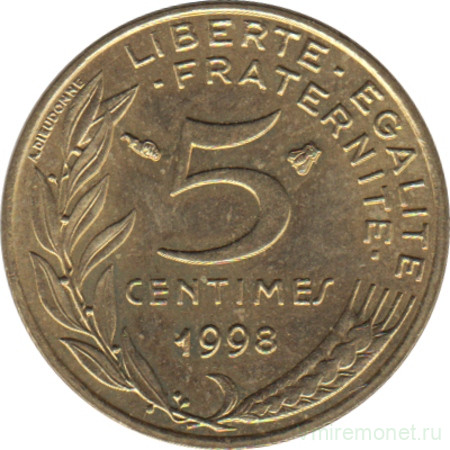 Монета. Франция. 5 сантимов 1998 год.