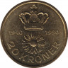  Монета. Дания. 20 крон 1990 год. 50 лет королеве Маргарете II. рев.