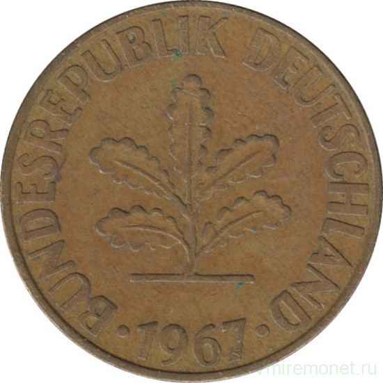 Монета. ФРГ. 10 пфеннигов 1967 год. Монетный двор - Карлсруэ (G).