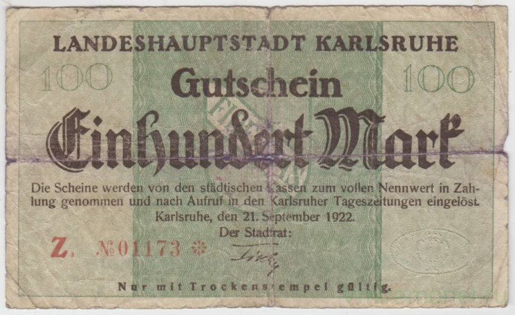 Бона. Нотгельд. Германия. Город Карлсруэ. 100 марок 1922 год.