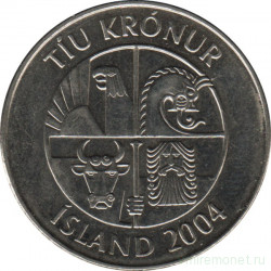 Монета. Исландия. 10 крон 2004 год.