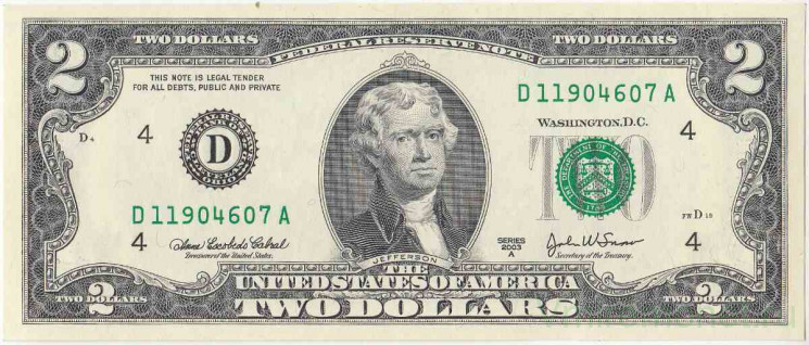 Банкнота. США. 2 доллара 2003 год. Серия D. Тип 516b.