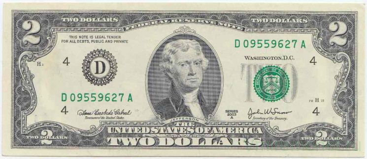 Банкнота. США. 2 доллара 2003 год. Серия D. Тип 516b.