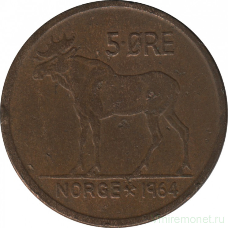 Монета. Норвегия. 5 эре 1964 год.