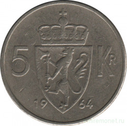 Монета. Норвегия. 5 крон 1964 год.