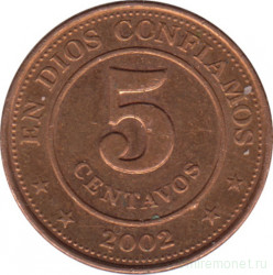 Монета. Никарагуа. 5 сентаво 2002 год.
