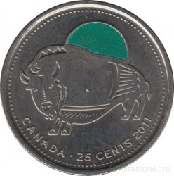 Монета. Канада. 25 центов 2011 год. Природа Канады - Бизон. Зелёная эмаль.