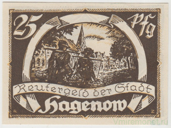 Бона. Нотгельд. Германия. Город Хагенов. 25 пфеннигов 1922 год. Вариант 500.2.2.