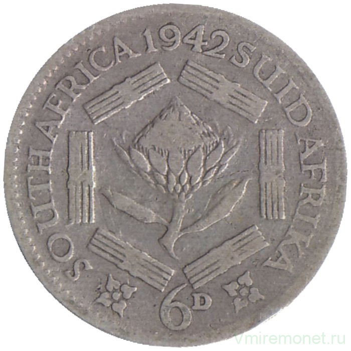 Монета. Южно-Африканская республика (ЮАР). 6 пенсов 1942 год.