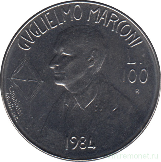 Монета. Сан-Марино. 100 лир 1984 год. Гилермо Маркони.