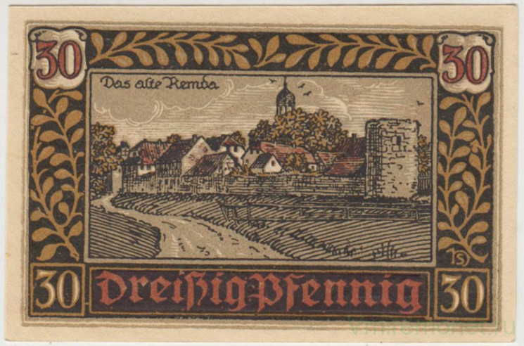 Бона. Нотгельд. Германия. Город Ремда. 30 пфеннигов 1921 год. Вариант 1115.1.c.2.