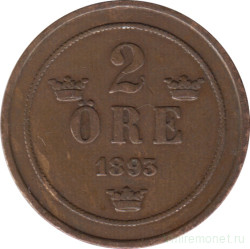 Монета. Швеция. 2 эре 1893 год.