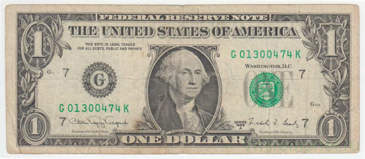 Банкнота. США. 1 доллар 1988 год. Серия G. Тип 480b.