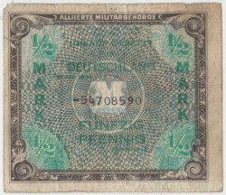 Банкнота. Германия. Третий рейх. Оккупация союзников. 1/2 марки 1944 год. (8 цифр). Тип 191c.