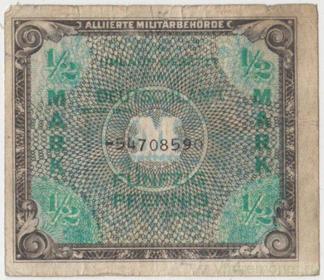 Банкнота. Германия. Третий рейх. Оккупация союзников. 1/2 марки 1944 год. (8 цифр). Тип 191c.