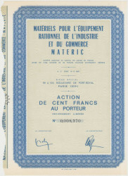 Акция. Франция. Париж. Акционерное общество "M.A.T.E.R.I.C.". Акция на предъявителя в 100 франков 1969 год.