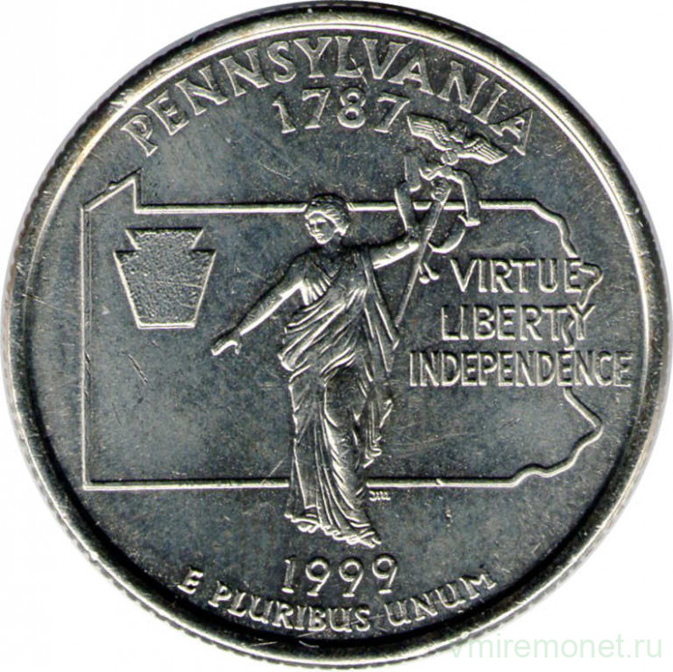 Монета. США. 25 центов 1999 год. Штат № 2 Пенсильвания. Монетный двор P.