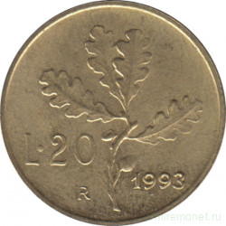 Монета. Италия. 20 лир 1993 год.