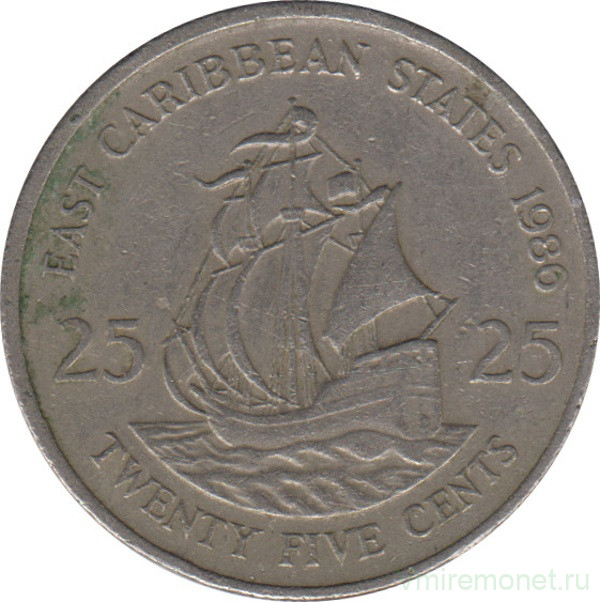 Монета. Восточные Карибские государства. 25 центов 1986 год.