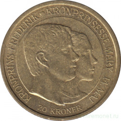 Монета. Дания. 20 крон 2004 год. Свадьба принца Фредерика и мисс Мэри Дональдсон.
