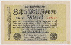 Банкнота. Германия. Веймарская республика. 10 миллионов марок 1923 год. Водяной знак - кольца. Серийный номер - две буквы и две цифры (чёрные,крупные), шесть цифр (красные).