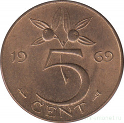 Монета. Нидерланды. 5 центов 1969 год. Рыба.