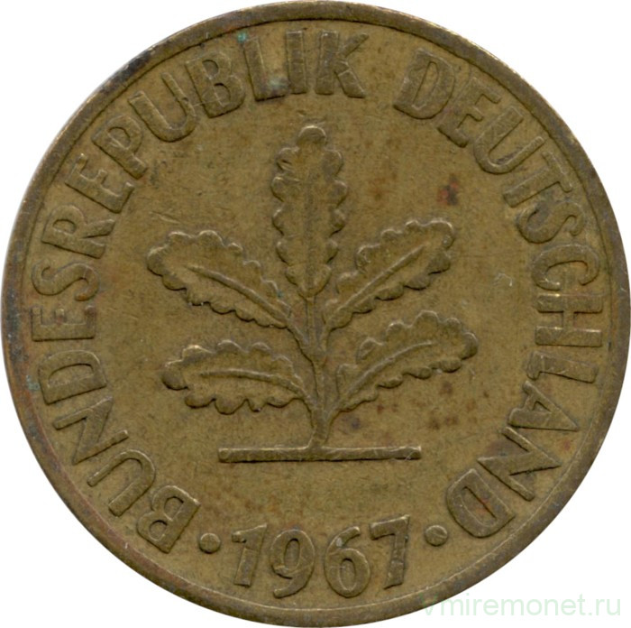 Монета. ФРГ. 10 пфеннигов 1967 год. Монетный двор - Мюнхен (D).