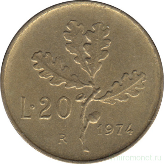 Монета. Италия. 20 лир 1974 год.