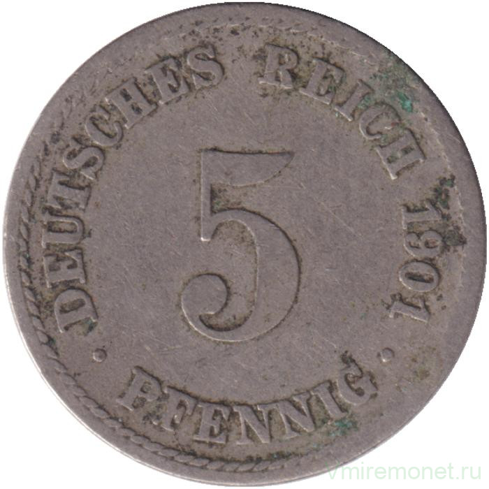Монета. Германская империя. 5 пфеннигов 1901 год. (А).