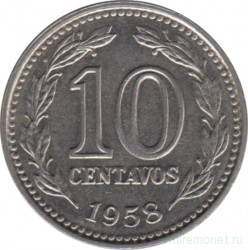 Монета. Аргентина. 10 сентаво 1958 год.