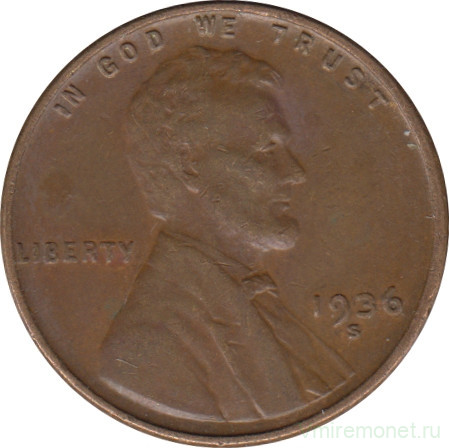 Монета. США. 1 цент 1936 год. Монетный двор S.
